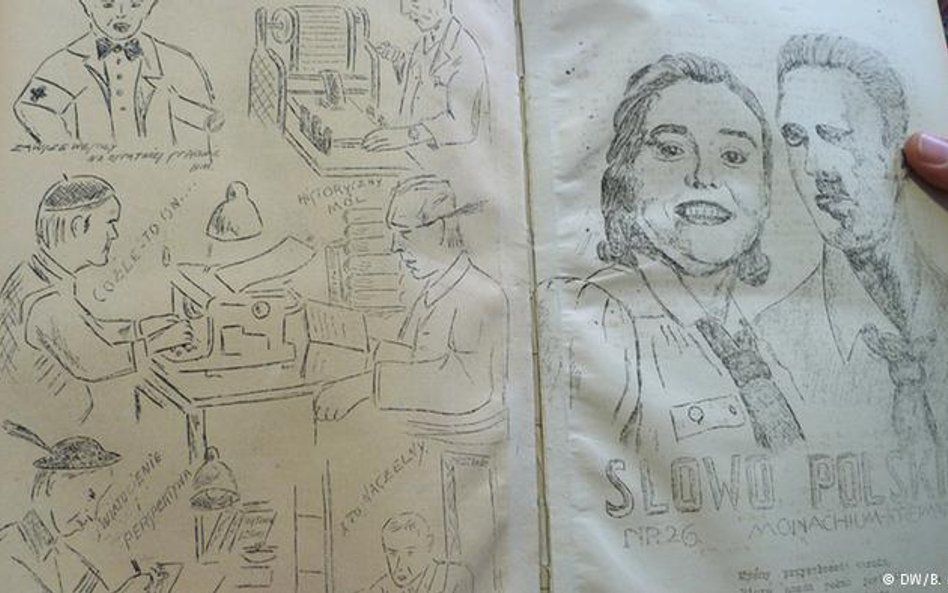 Zabawne rysunki ilustrujące pracę zespołu redagującego czasopismo „Słowo Polskie”.