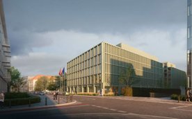 Elementy prefabrykowane z betonu w kolorze zgaszonej zieleni stworzą elewację obu budynków