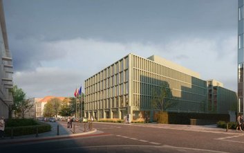 Elementy prefabrykowane z betonu w kolorze zgaszonej zieleni stworzą elewację obu budynków