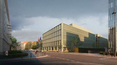 Elementy prefabrykowane z betonu w kolorze zgaszonej zieleni stworzą elewację obu budynków