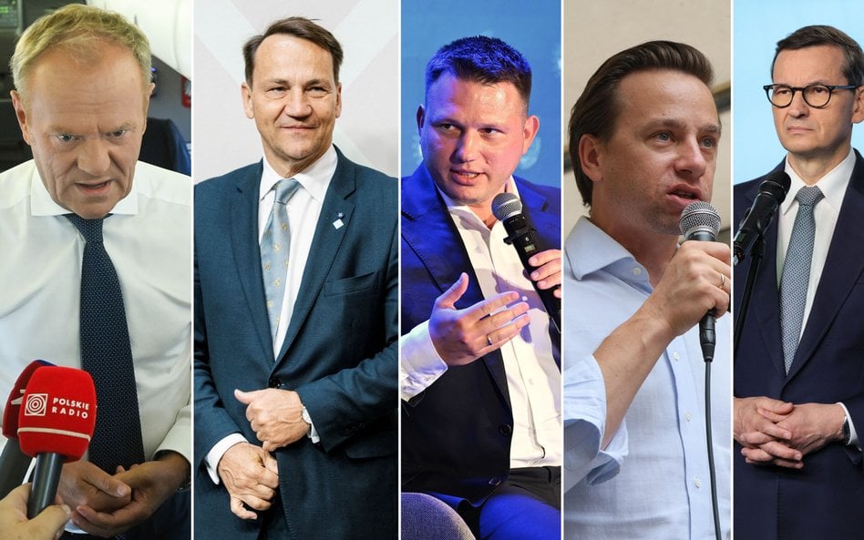 Donald Tusk, Radosław Sikorski, Sławomir Mentzen, Krzysztof Bosak, Mateusz Morawiecki