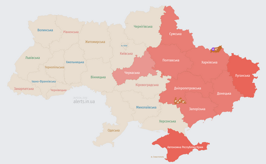 Mapa zagrożeń ze strony alerts.in.ua, stan na godzinę 22:52 czasu polskiego 26 grudnia 2024 r.