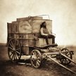 Fotograf Roger Fenton na wozie mieszczącym laboratorium fotograficzne, Krym, 1855 r.