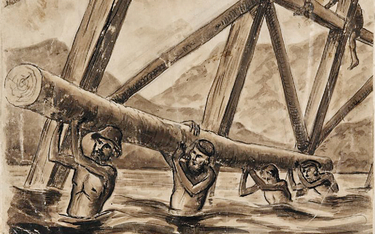 Jeńcy budujący most na rzece Kwai (rysunek wykonany przez Leo Rawlingsa w 1943 r.)
