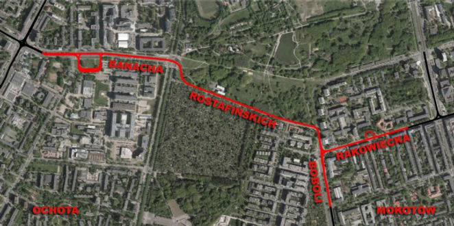 Schematyczny układ łącznika tramwajowego pomiędzy Ochotą a Mokotowem wzdłuż ulicy Rostafińskich