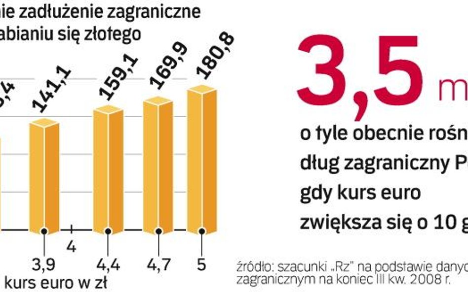 Około 25 proc. polskiego długu publicznego jest wyrażona w walutach obcych. Jednak mimo osłabienia z