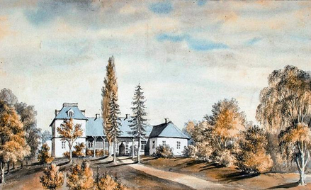 Dwór rodu Domeyków w Niedźwiadce Wielkiej (obecnie na Białorusi). Obraz autorstwa Napoleona Ordy pow