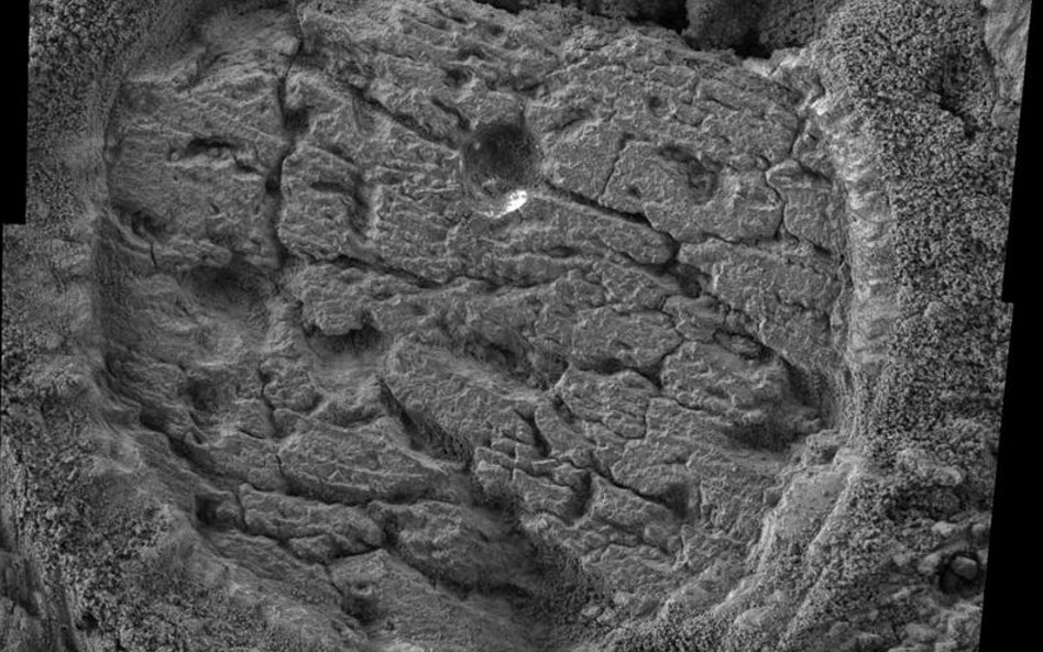 Ślad odciśnięty na powierzchni Marsa, na skale nazwanej "Manitoba" w kraterze "Endurance"