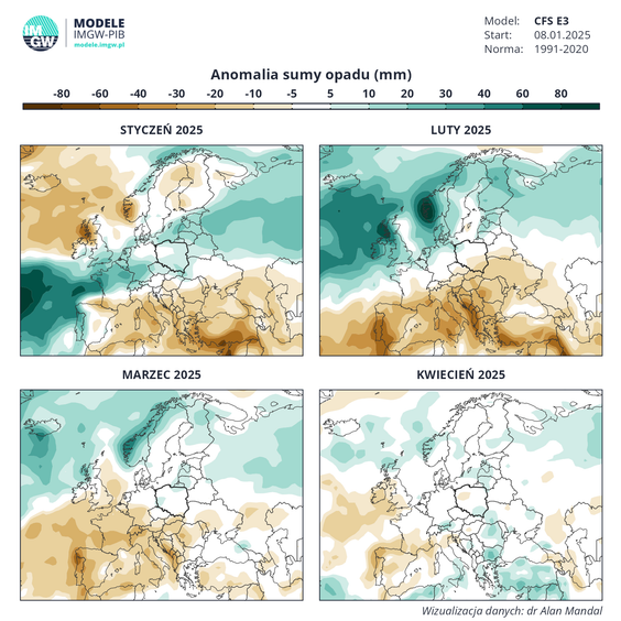 Anomalia sumy opadu w miesiącach styczeń-kwiecień 2025 r.