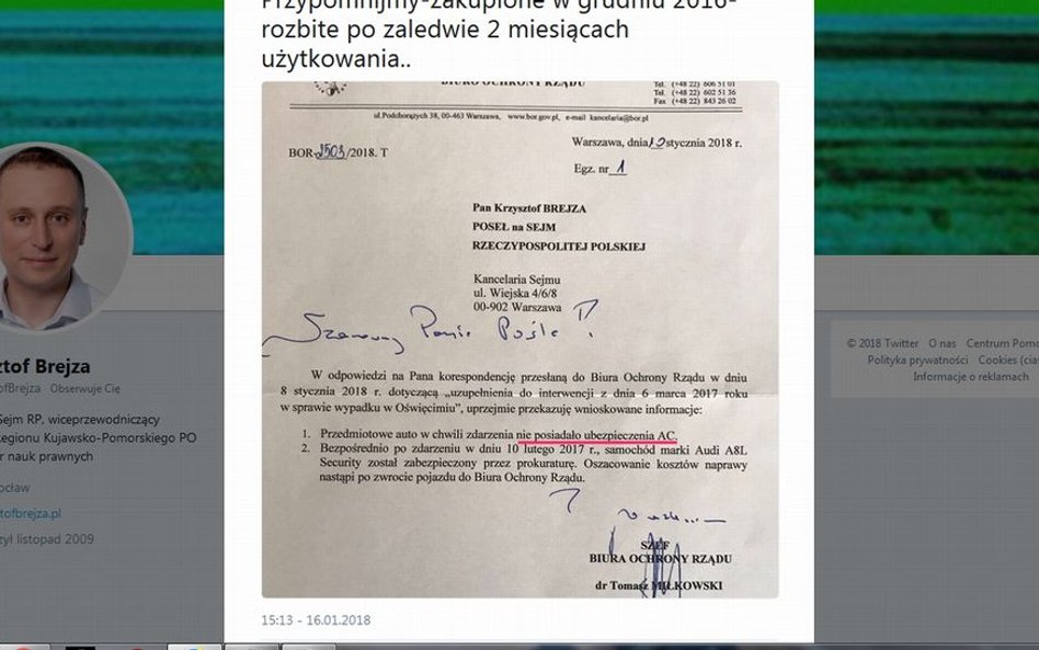 Poseł PO o wypadku premier Szydło: Rządowe audi bez AC