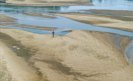 Historycznie niski poziom wody w Wiśle. Wyschnięte koryto rzeki podczas rekordowej suszy latem. Fot.