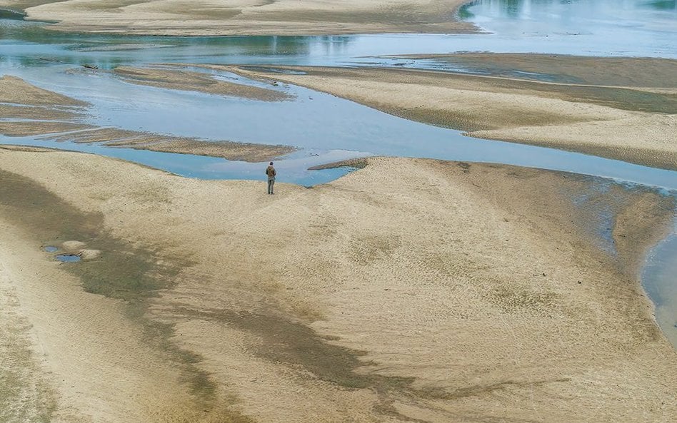 Historycznie niski poziom wody w Wiśle. Wyschnięte koryto rzeki podczas rekordowej suszy latem. Fot.