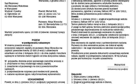 WZÓR POZWU W POSTĘPOWANIU NAKAZOWYM