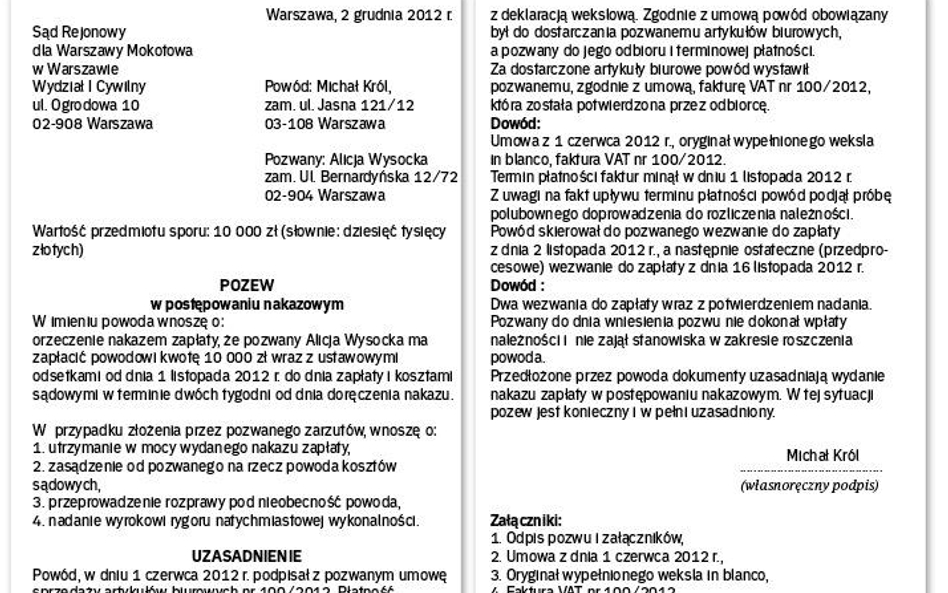 WZÓR POZWU W POSTĘPOWANIU NAKAZOWYM