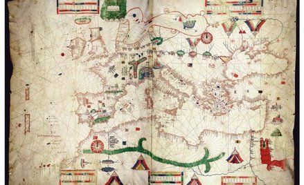 Alpy na portolanie Albina de Canepy z 1489 roku – góry zawieszono do góry nogami i zabarwiono intens