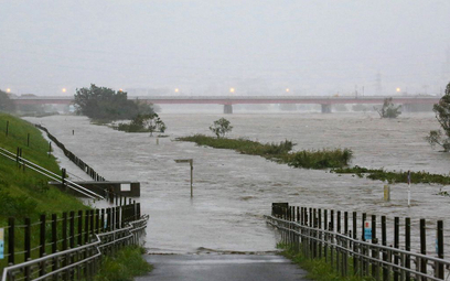 Nadchodzącemu tajfunowi Haigibis towarzyszą ulewne deszcze. Na zdjęciu: wezbrane wody rzeki Tama