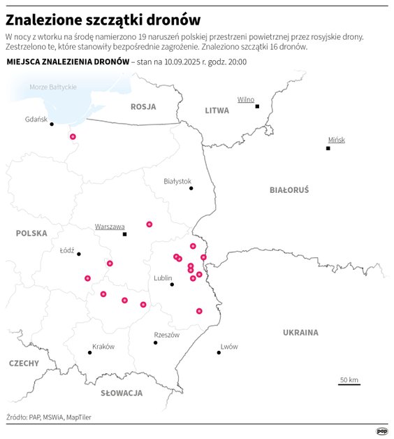 Miejsca znalezienia dronów stan na 10 września 2025 r., godz. 20.00