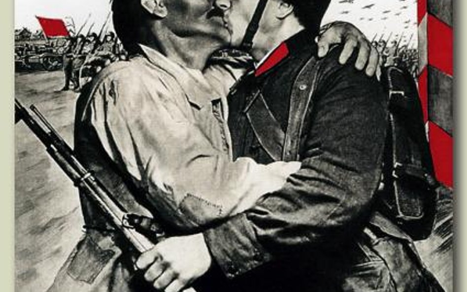 Sowiecki plakat propagandowy z napisem „Nasza armia wyzwala ludzi pracy – J. Stalin” jest jednym z e