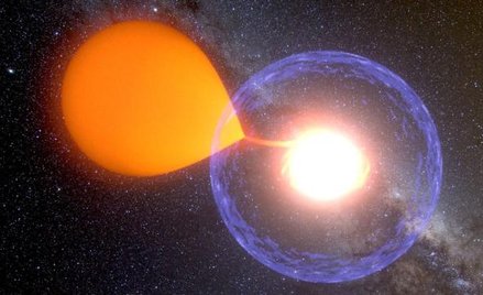 Artystyczna wizja układu V1213 Centauri. Karzeł wykrada materię z towarzyszącej mu gwiazdy