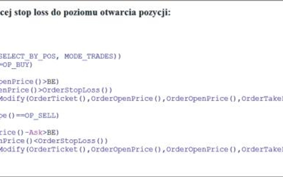 Część 8: Jak zaprogramować narzędzie do ochrony wypracowanego już zysku? Prezentujemy kod funkcji przesuwającej zlecenie stop loss do poziomu otwarcia pozycji, czyli tzw. metodę „breakeven”.