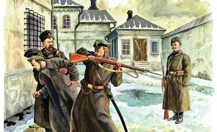 Strażnik więzienia w Irkucku bije Piłsudskiego kolbą karabinu w twarz