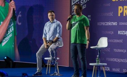 Szymon Hołownia i Rafał Trzaskowski podczas debaty w trakcie Campusu Polska Przyszłości