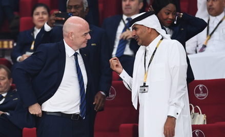 Prezydent FIFA Gianni Infantino na mistrzostwach świata w 2022 roku w Katarze, w rozmowie z ówczesny