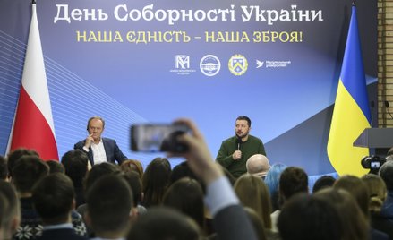 Donald Tusk i Wołodymyr Zełenski w czasie spotkania ze studentami