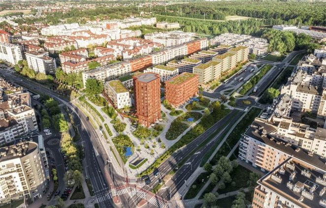 Wizualizacja widoku ogólnego osiedla, razem z sąsiednią już istniejącą zabudową mieszkalną