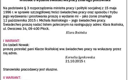 Przykład wniosku o wydanie świadectwa pracy zmarłego pracownika