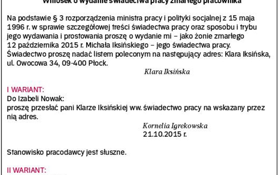 Przykład wniosku o wydanie świadectwa pracy zmarłego pracownika