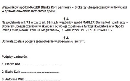 Wzór uchwały o odwołaniu likwidatora