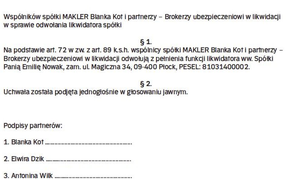 Wzór uchwały o odwołaniu likwidatora