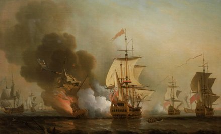 Obraz XVIII-wiecznego angielskiego malarza Samuela Scotta przedstawiający atak na galeon San José.