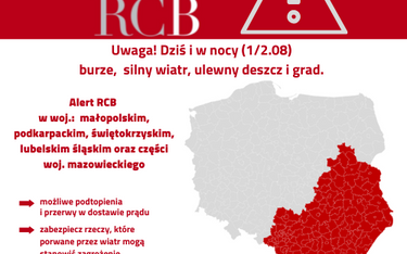 Rządowe Centrum Bezpieczeństwa wydało alert dla sześciu regionów Polski.