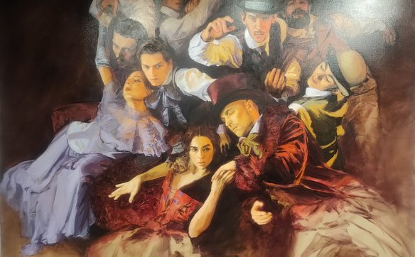 Wersja malarska Mai Tomaszewskiej zespołu artystów występujących w spektaklu „Portret Doriana Graya”