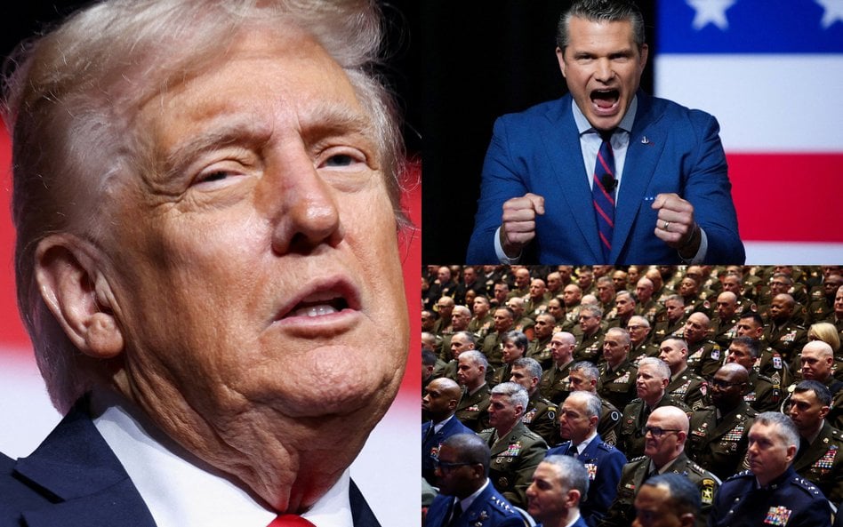 Prezydent USA Donald Trump i sekretarz obrony Pete Hegseth przemawiali do najwyższych rangą amerykań