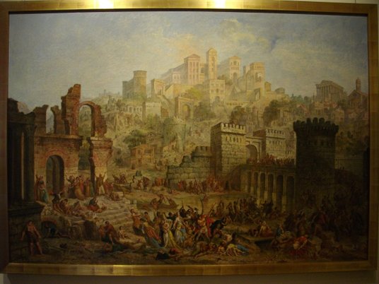 „Masakra ludności żydowskiej w Metz podczas pierwszej krucjaty” – obraz Auguste’a Migette’a, XIX-wie