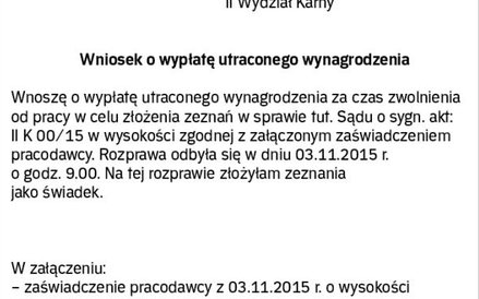 Wzór wniosku o wypłatę utraconego wynagrodzenia za czas zwolnienia od pracy w celu złożenia zeznań w