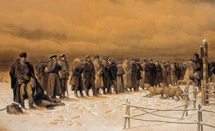 Jeden z kartonów Artura Grottgera z cyklu „Pochód na Sybir”, pokazujący zsyłkę powstańców styczniowy