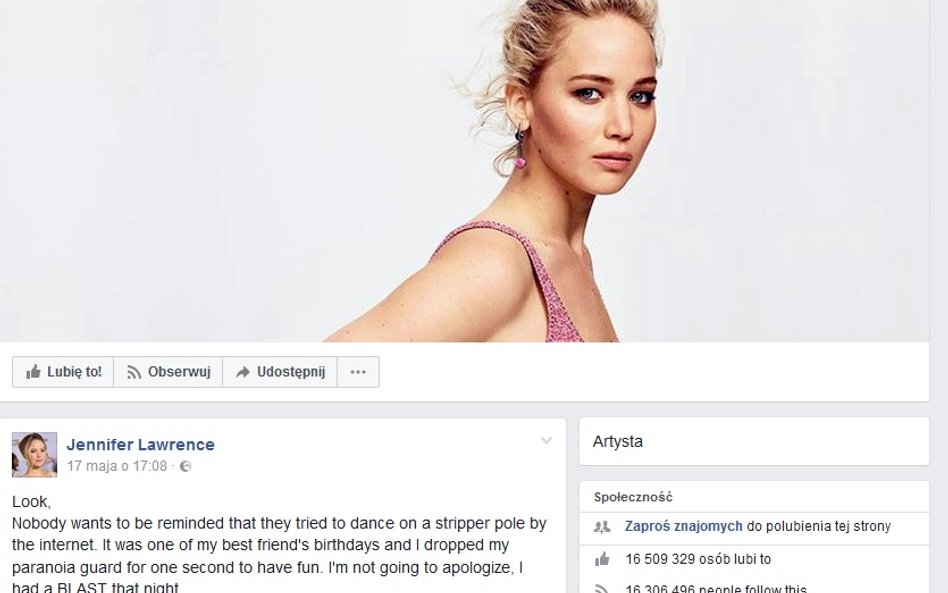 Jennifer Lawrence nie przeprosi za taniec na rurze