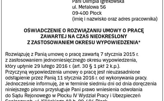 Przykład oświadczenia woli pracodawcy o wypowiedzeniu umowy o pracę z powodu nieuzasadnionego odstąp