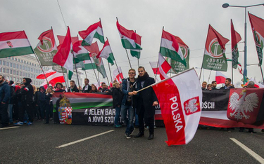 Przedstawiciele partii Jobbik na Marszu Niepodległości w Warszawie w 2015 roku
