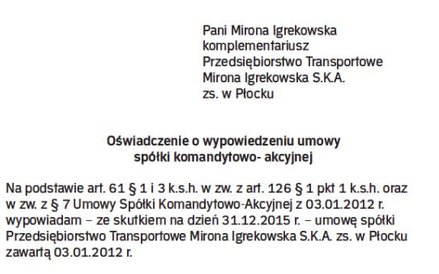 Wzór oświadczenia komplementariusza o wypowiedzeniu umowy S.K.A.