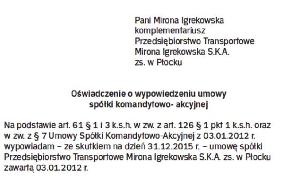 Wzór oświadczenia komplementariusza o wypowiedzeniu umowy S.K.A.