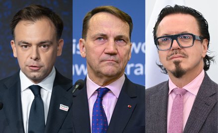 Minister finansów i gospodarki Andrzej Domański, minister spraw zagranicznych Radosław Sikorski i mi