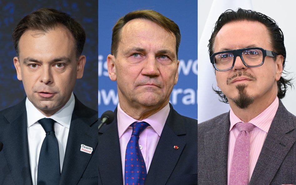 Minister finansów i gospodarki Andrzej Domański, minister spraw zagranicznych Radosław Sikorski i mi