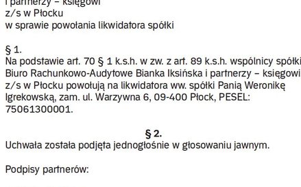 Wzór uchwały ws. ustanowienia likwidatora sp.p.