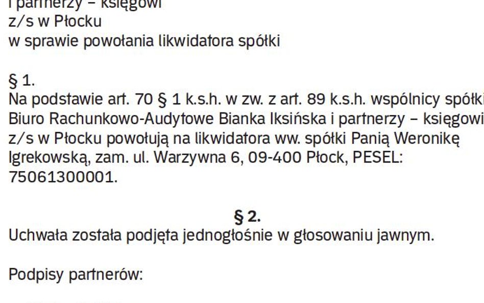 Wzór uchwały ws. ustanowienia likwidatora sp.p.