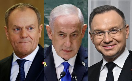 Premier Donald Tusk, premier Izraela Beniamin Netanjahu i prezydent Andrzej Duda